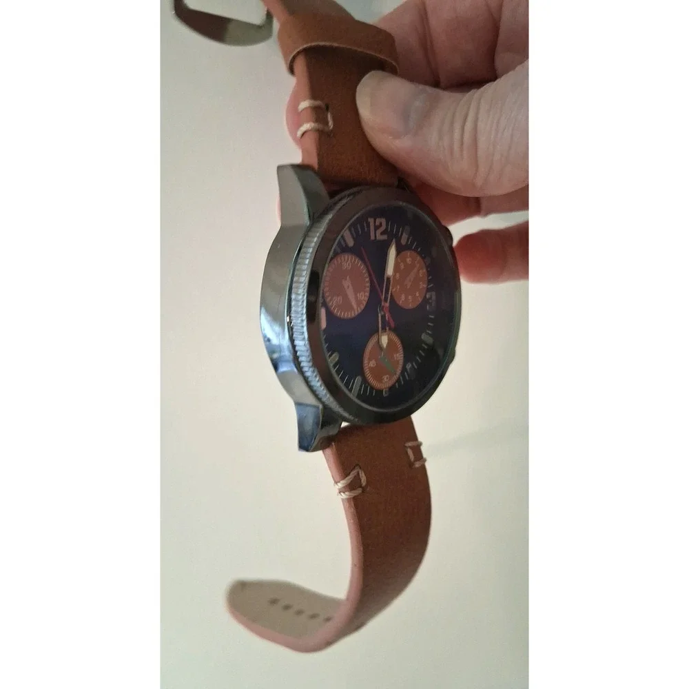 Chronograph Watch Dark Brown face Brown subdials Brown leather strap Working